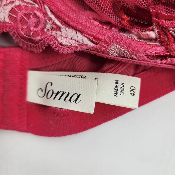 Soma Red Pink Floral Embroidered Underwire Full Coverage Balconette Bra Size 42D - Picture 2 of 4